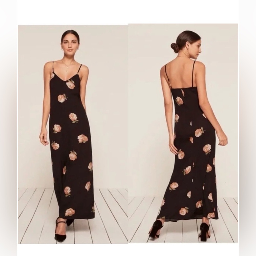 Reformation Black Floral Slip Maxi Dress with Blush Rose Print